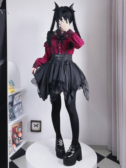 ジライケイ ワインレッド コウモリの羽根型襟 レースパッチ 地雷風シャツ