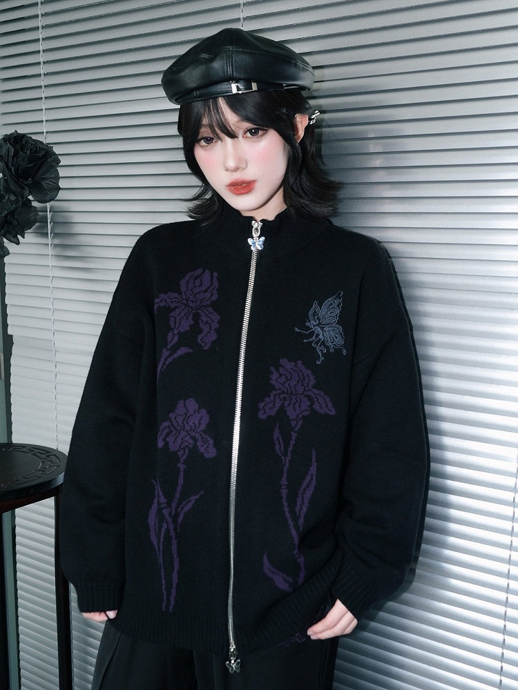 Iris Pattern Gothic Black Double Zipper Sweater Jacket - Quirky Hut