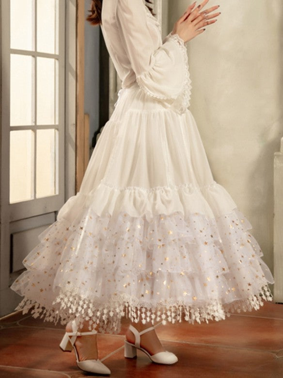 長さのあるフィッシュボーン型のキラキラ輝く星がゴージャスなホワイト/ベージュ/ブラックの調節可能なペチコート