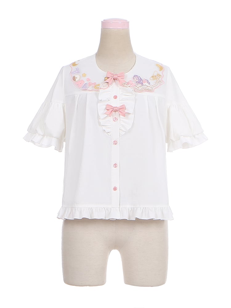 詳細 ホワイトのフリル付きロリータボウノットブラウス スイートヘム 刺繍入りピーターパンカラー
