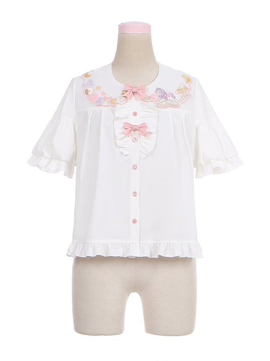 詳細 ホワイトのフリル付きロリータボウノットブラウス スイートヘム 刺繍入りピーターパンカラー