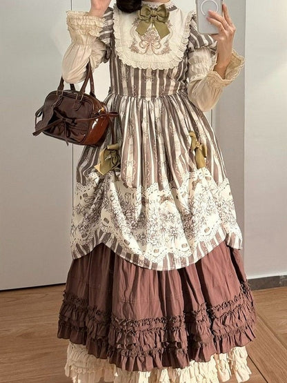 Cotton Multi-Layer Brown Hem Lolita Loose Elegant Skirt Ruffled