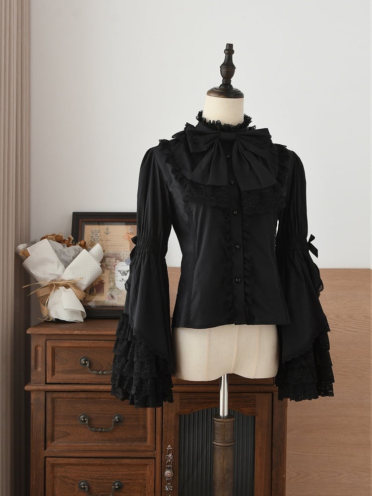 Layered Black Lolita Cotton Gorgeous Lace Bell Sleeves Blouse