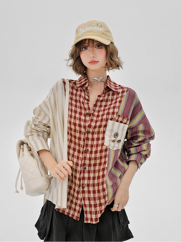 Retro Colorblock Plaid Striped Long Sleeve Shirt - sijinstudio
