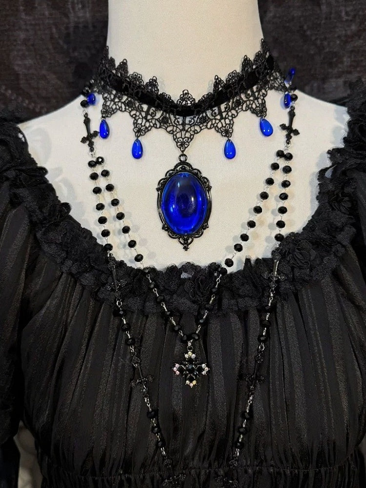 Black Gothic Lace Rhinestone Choker in Two Tones - Boobi Shop