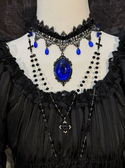 Black Gothic Lace Rhinestone Choker in Two Tones - Boobi Shop