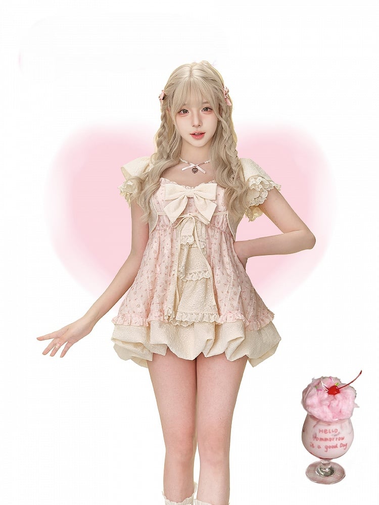 Print Dress and Bow Pink Apricot Bubble with Big Floral