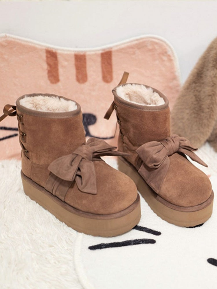 Brown Sweet Lolita Platform Snow Boots - Front Bow Accent with Rear Lace-Up Detail