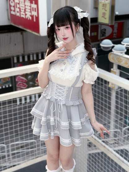 White & Light Blue Cutout Shoulder Bunny Ear Hooded Jacquard Knit Top with Lace and Bow Details - Puppet Bombs