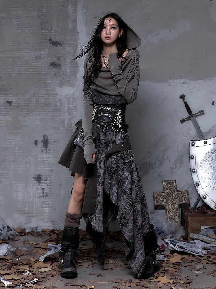 Cowl Wasteland Wing Punk Studded Convertible Print Gray Hoodie Off-Shoulder Neck Brown with Design