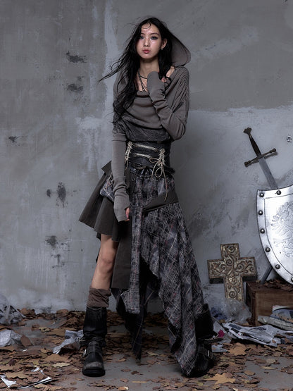 Cowl Wasteland Wing Punk Studded Convertible Print Gray Hoodie Off-Shoulder Neck Brown with Design