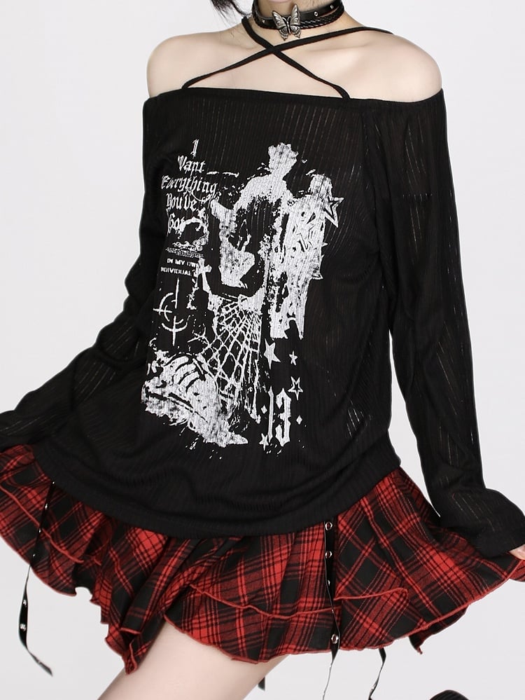 Off-Shoulder Black Knit Top with Cross Halter and Letter Print