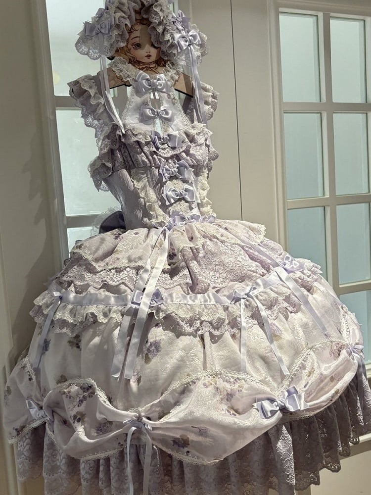 Hime Lolita Purple Dress Bows Halter with Lace Multiple Floral Neck Print Ruffles and