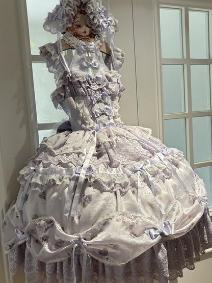 Hime Lolita Purple Dress Bows Halter with Lace Multiple Floral Neck Print Ruffles and