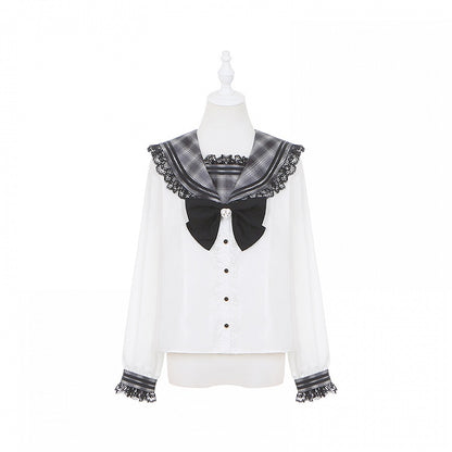 White Gray Kei Long Plaid Collar Sleeves Sailor Blouse Jirai with Bunny-Ear