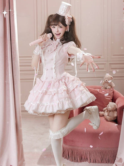 Adorable Pink OP Dress with Heart Buttons, Puff Sleeves, Lace & Bow Accents - Cat Cake