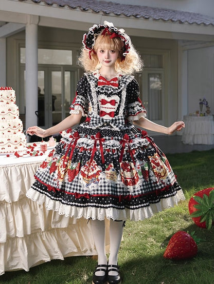 Lolita Dress Sleeves Print White with Strawberry Sweet Cake Puff Ruffle Black Hem