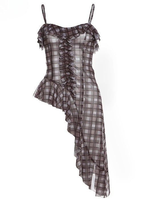 Hem Pattern Cami Glamorous Bittersweet Brown Plaid Asymmetrical