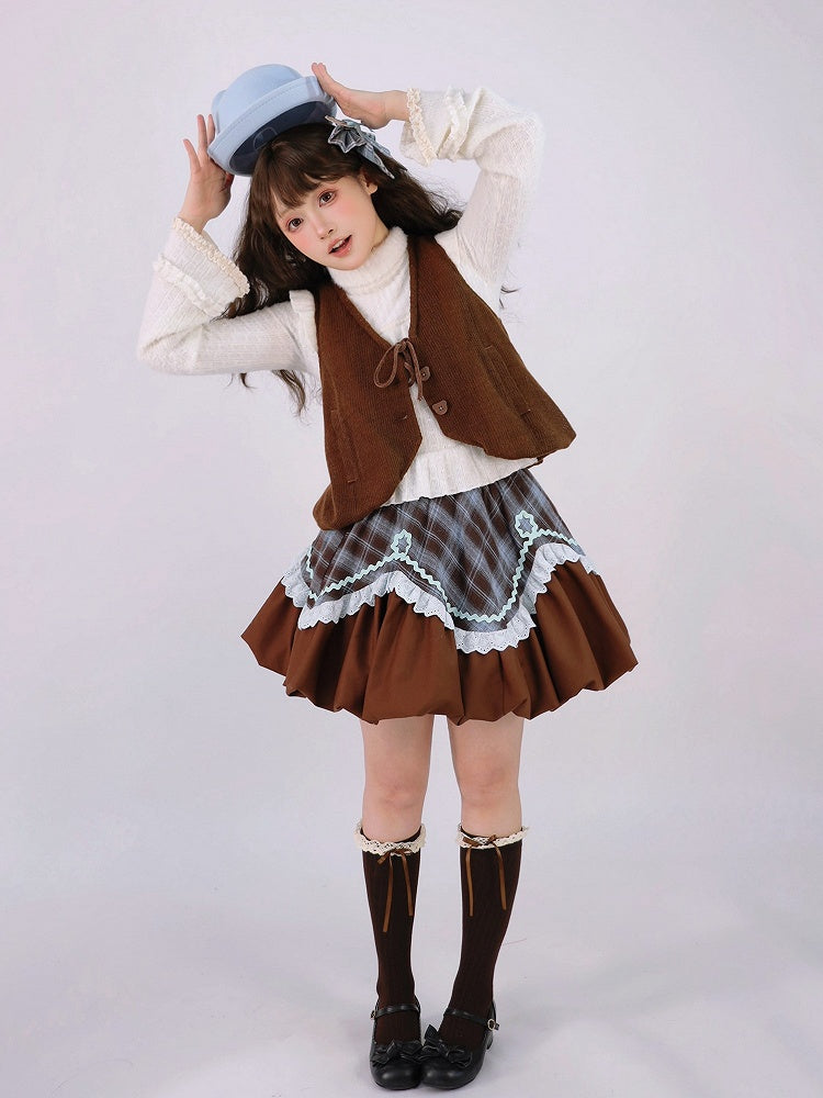 Brown Sweet Bubble Blue Skirt Plaid Lolita