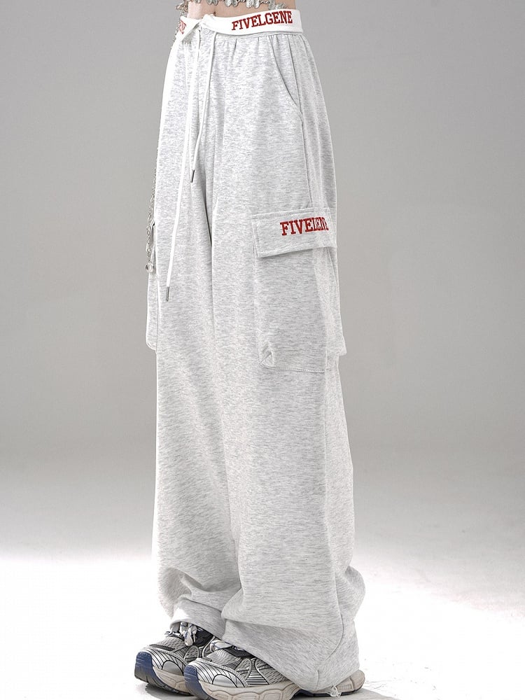 Pants Letter - Waistband Wide-Leg Pockets Gray Foldover Embroidered