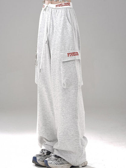 Pants Letter - Waistband Wide-Leg Pockets Gray Foldover Embroidered