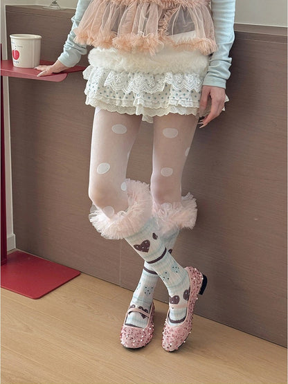Socks Tulle Sweet Ruffle Pattern Heart Pink with Trim Calf