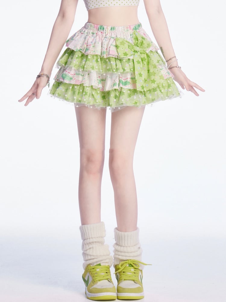 Y2K Grüner Stufenrock mit großer Schleife und elastischer Taille