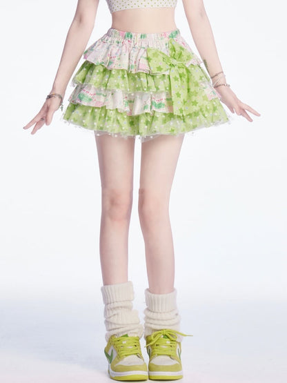 Y2K Grüner Stufenrock mit großer Schleife und elastischer Taille