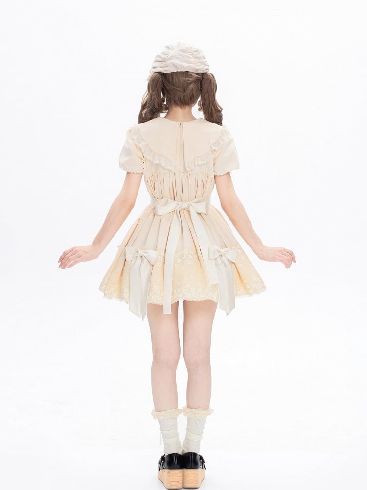 Sweet Beige Crew Neck Short Sleeve Lolita Dress Bow Accents - New Tea