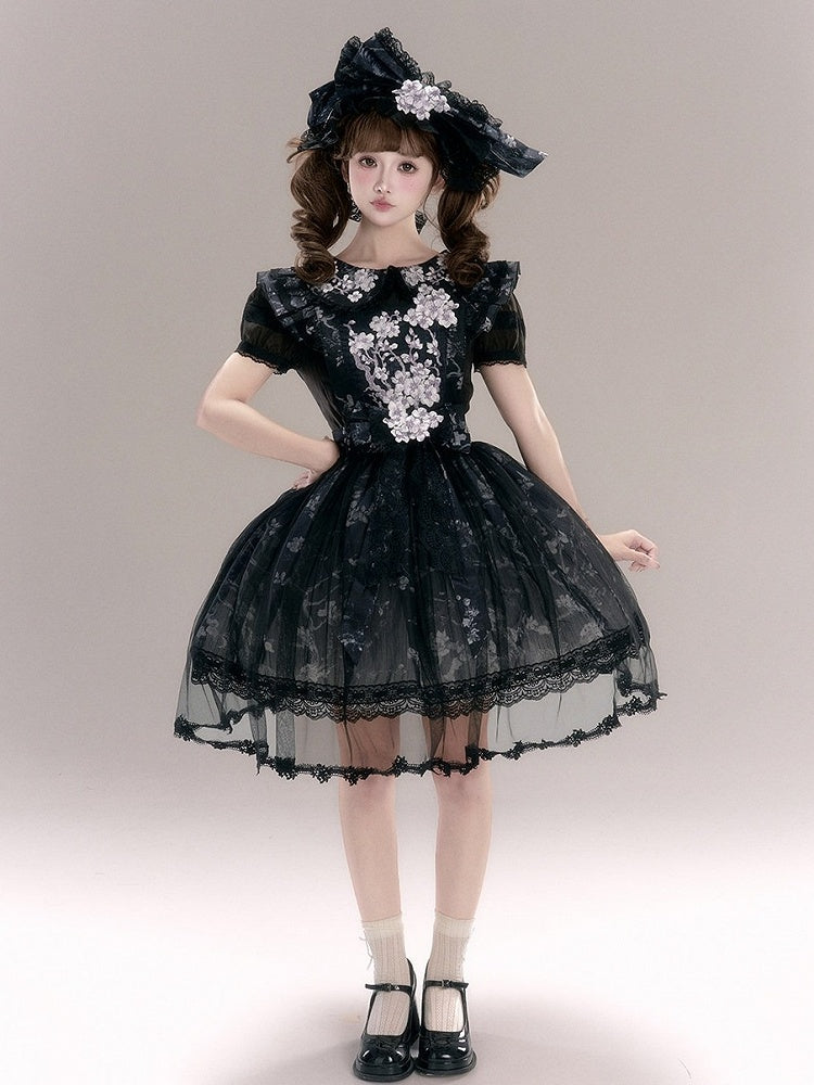 Black Floral Embroidery Flutter Sleeve Lace Trim Lolita Overlay Dress with Bow - Yimu Walnut