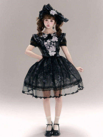 Black Floral Embroidery Flutter Sleeve Lace Trim Lolita Overlay Dress with Bow - Yimu Walnut