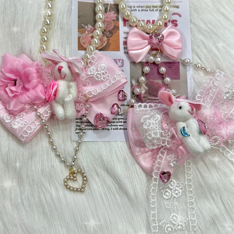 Rhinestone Necklace Plush Bunny 2 And Pendant Heart Bowknot Decorated Beaded Options
