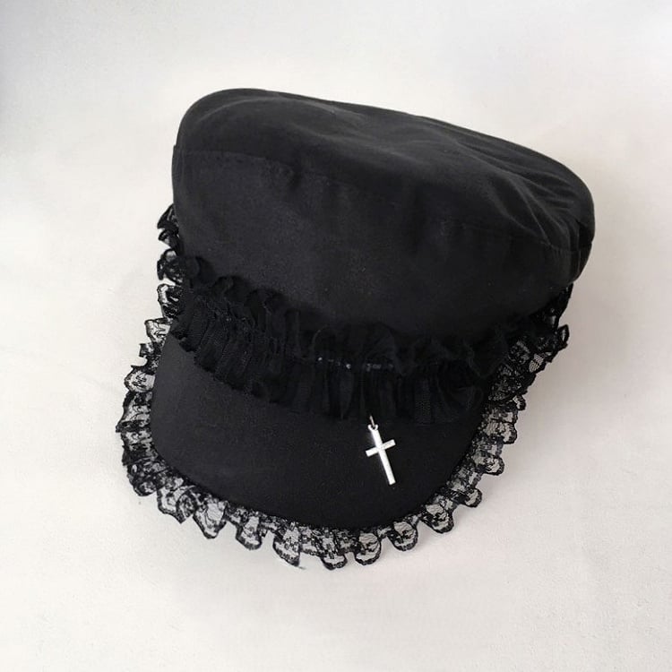 Lace With Black Trim Cross Pendant Beret