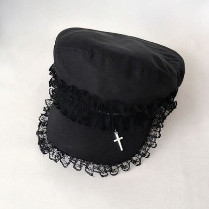 Lace With Black Trim Cross Pendant Beret