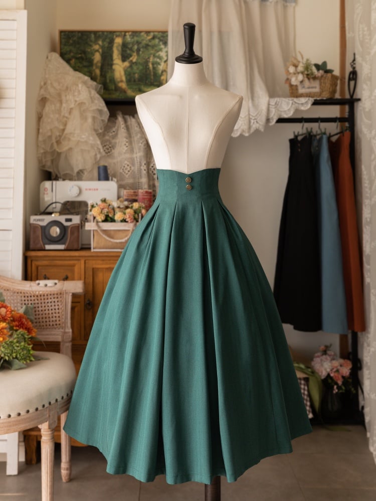 Pfauengrüner, eleganter, klassischer Lolita-MIdi-Rock mit hoher Taille