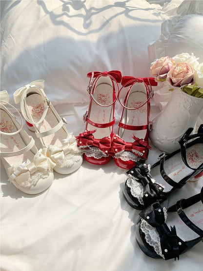 Beaded Pink PU Janes Bows with Sweet Heel Heart Mary - Cake Crystal Strawberry Lolita Snap
