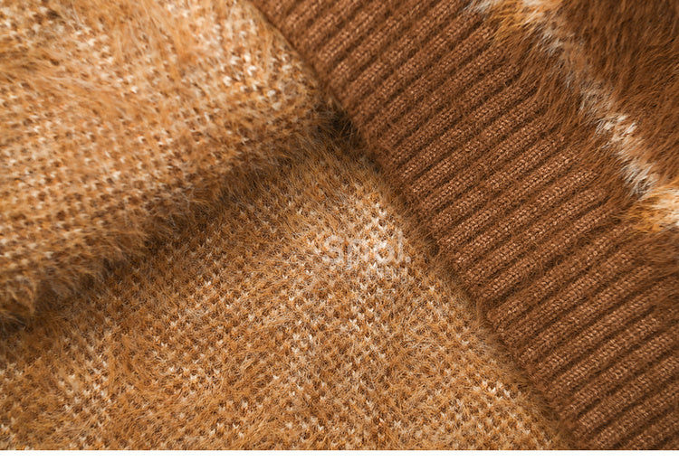 Brown Cute Cookie Bear Adorned Plaid Loose Cardigan