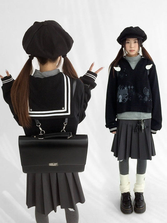 Black Printed Sailor Kawaii Fashion Vintage Collar Sweatshirt