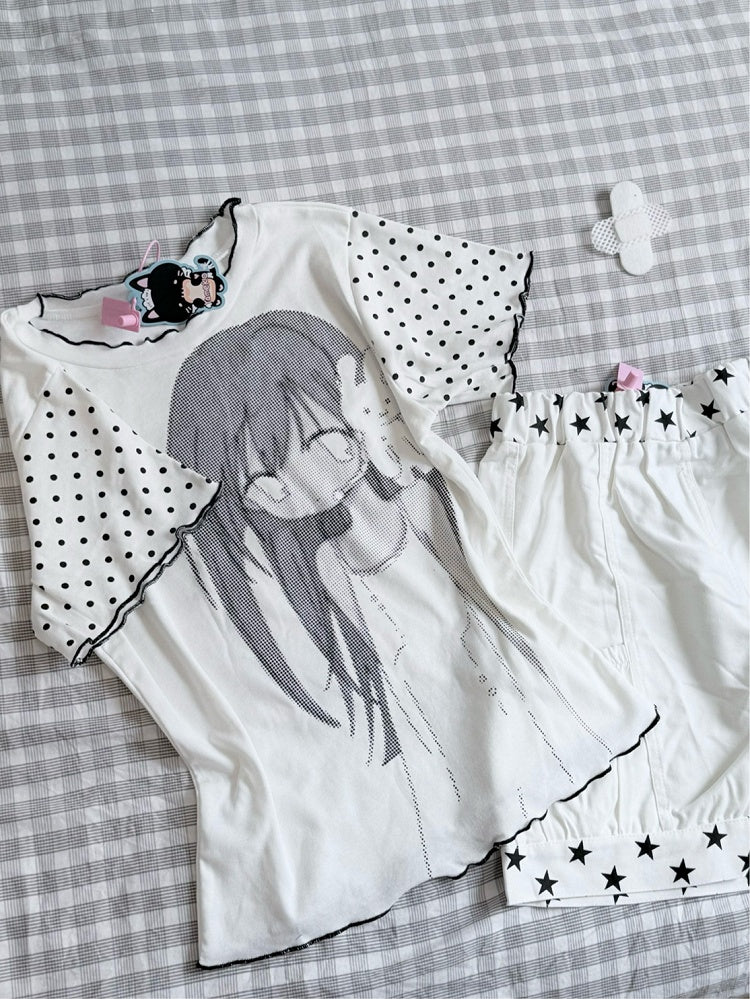 Polka White Dots Print Black and Graphic T-Shirt with Cartoon