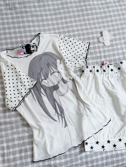 Polka White Dots Print Black and Graphic T-Shirt with Cartoon