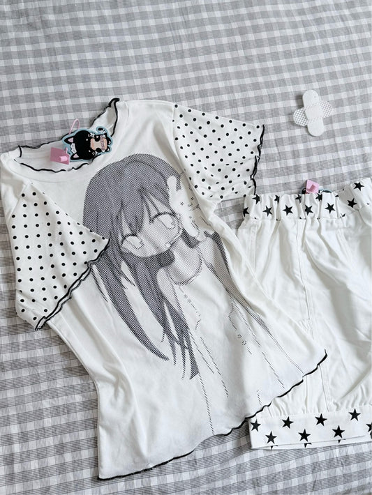 Polka White Dots Print Black and Graphic T-Shirt with Cartoon