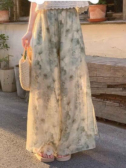 Dye Wide-Leg Pants Mori Kei Green Tie Accessory Regular/Short Detachable Version with Knitted