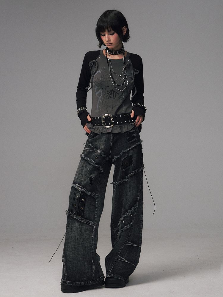 Sleeve Long Print Raglan Details Kawaii BlackGray Ruffled Bowknot Floral Top Trim -