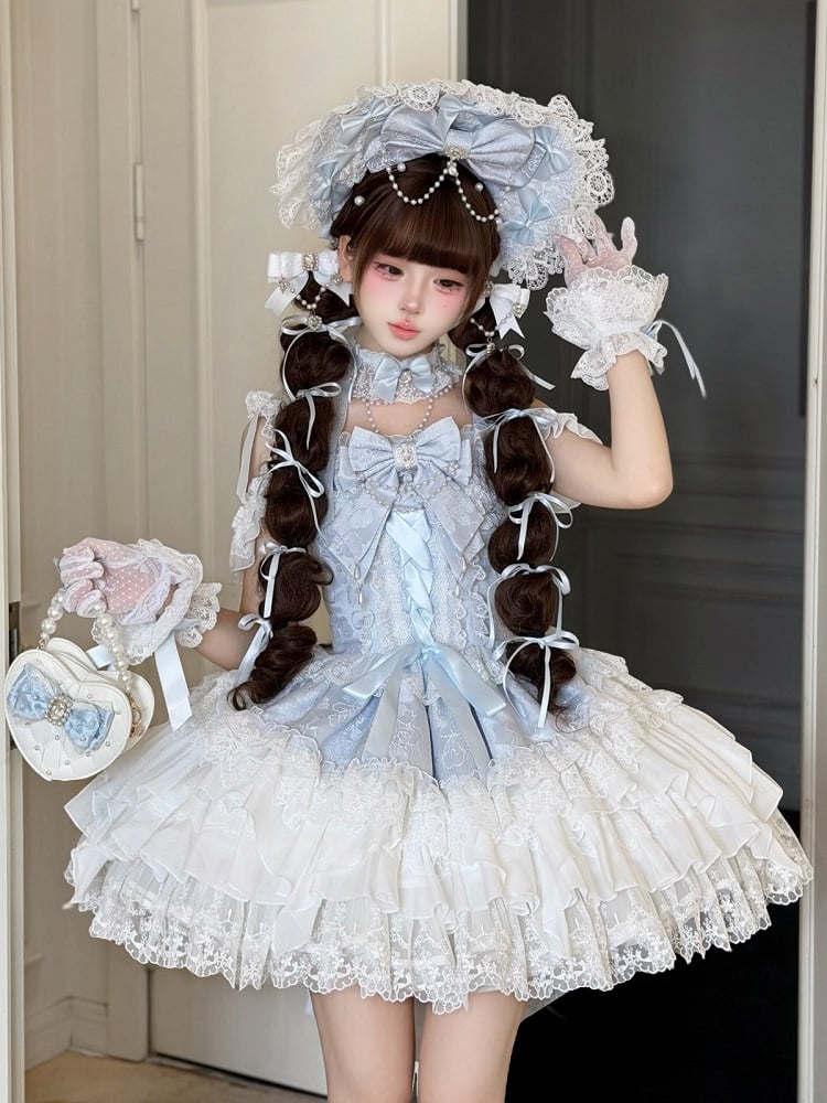 Blue Ballet Style Lace Ruffle Lolita JSK Dress with Bead Chain Bow Details - White Sugar Girl