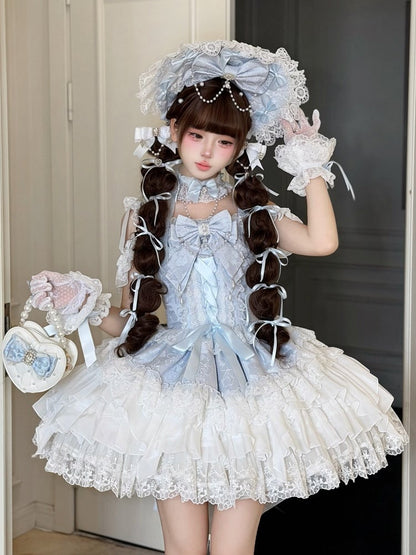 Blue Ballet Style Lace Ruffle Lolita JSK Dress with Bead Chain Bow Details - White Sugar Girl