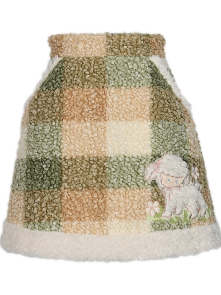 Green Cute Lamb Applique Plaid Fleece Skirt with Pockets