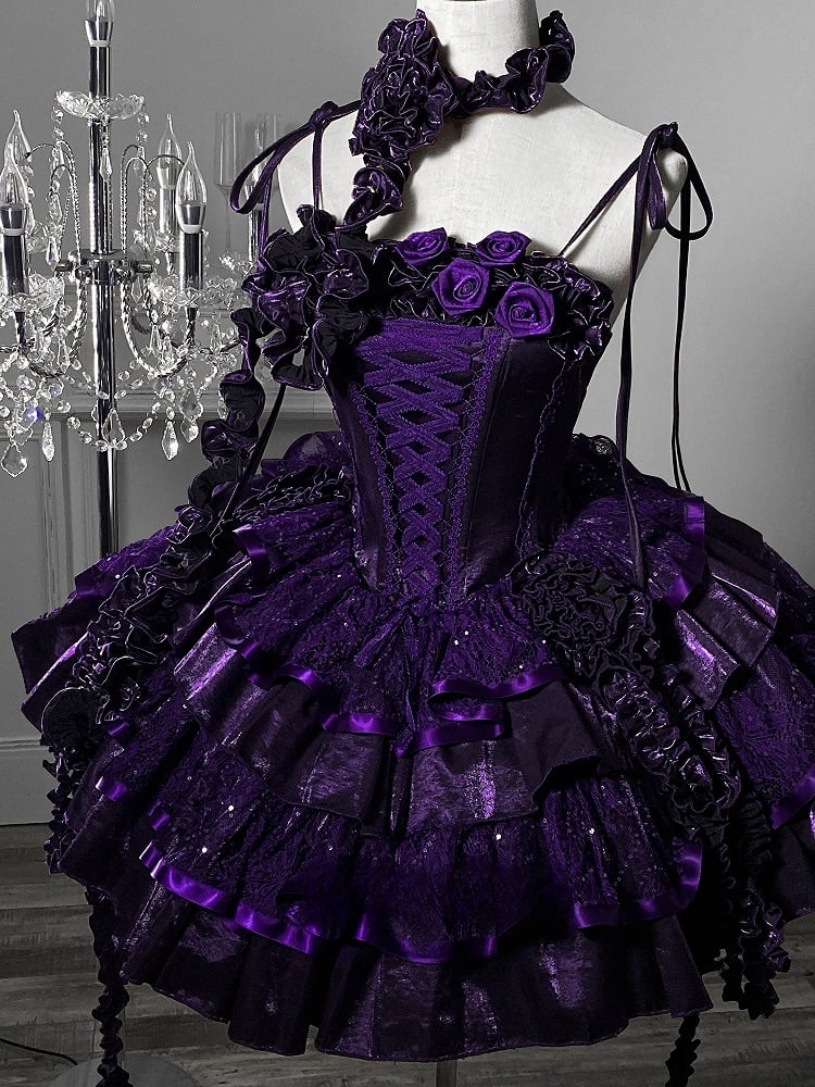Gothic Rüschenkleid verziert mit Rosen und Stäbchen am Ausschnitt, Lolita-Pailletten, gestuft, Lila