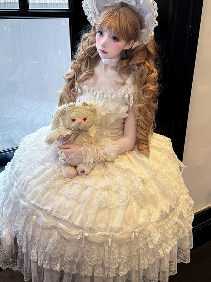 White Hanayome Lolita JSK with Bows & Lace Trim - White Sugar Girl