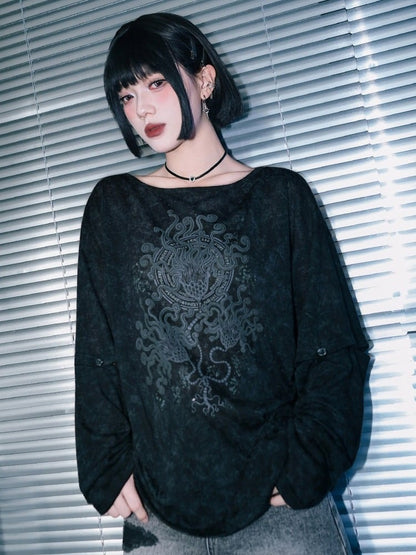 Black Detachable Sleeve UV Tee with Sea Lily Print - Quirky Hut