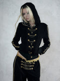 Black & Gold Double-Breasted Hooded Jacket with Chain Embroidery Details, Punk Fashion - NO ROMANCE